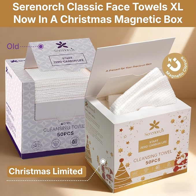 Christmas Disposable Face Towels XL, 50 Count | Ultra Soft Makeup Remover Dry Wipes for Sensitive Skin, Magnetic Gift Box, Stocking Stuffers for Women