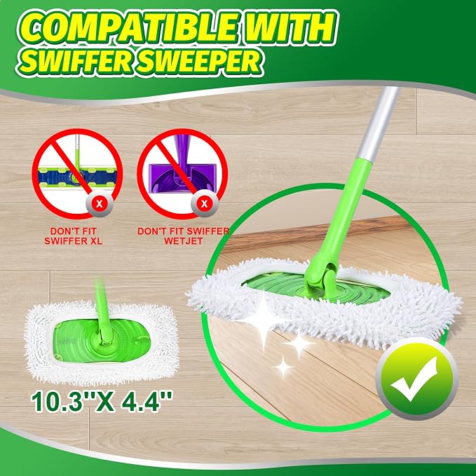 Reusable Microfiber Chenille Mop Pads Compatible with Swiffer Mop | 4 Pack Dry Sweeping Cloths, Wet Pad Refills for Wet & Dry, Washable Pads Refills for Household Cleaning (Mop is not Included)
