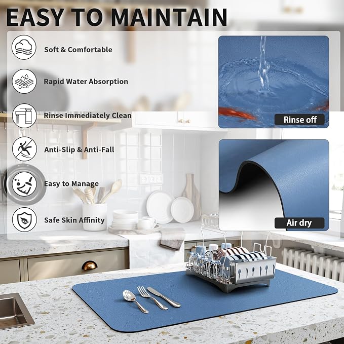 HotLive Dish Drying Mat for Kitchen Counter, Heat Resistant Drainer Mats with Non-slip Rubber Backed, Hide Stain Kitchen Super Absorbent Draining Mat, Easy to Clean Dish Rack Pad, Blue 18"x32"