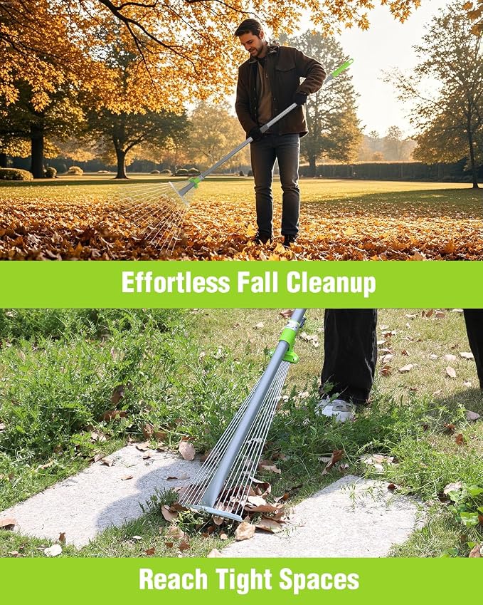 WORKPRO Adjustable Garden Leaf Rake, Heavy Duty Metal Lawn Rake with Extendable Handle 32"–63", Collapsible Rake Head 7.5"–20", Telescopic Yard Rake for Leaves, Grass, Pine Needles & Garden Cleanup