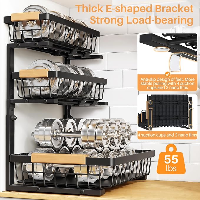 PXRACK Under Sink Organizer, 1-Pack 3-Tier Height Adjustable Thickened Metal Pull out Cabinet Organizer Shelf, Slide out Storage Drawer Rack for Bathroom Kitchen Pantry Home Organization, Black