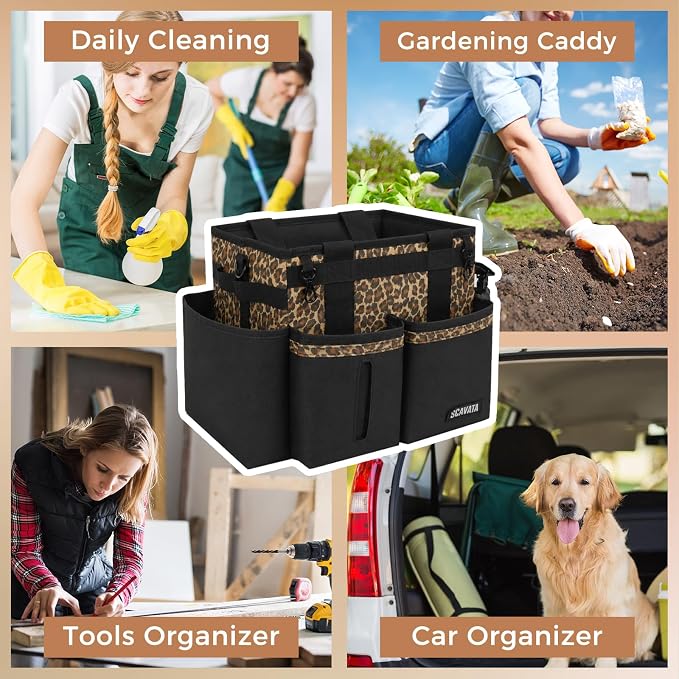 SCAVATA Compact Wearable Cleaning Caddy with Handle & Shoulder Straps | Small Cleaning Supplies Organizer, Under Sink & Car Cleaning Tools Storage Bag for Housekeepers Cleaners, Leopard