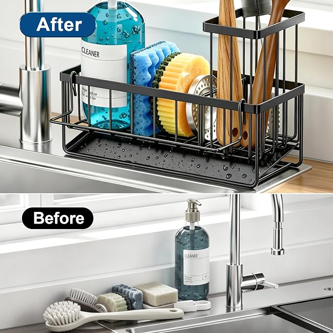 Sponge Holder for Kitchen Sink, Kitchen Sink Caddy, Kitchen Sink Sponge Holder, Dish Sponge Holder, Kitchen Sink Organizer for Sponge, Dish Brush, Scrubber(9.65" x 3.74" x 6.3", Black)