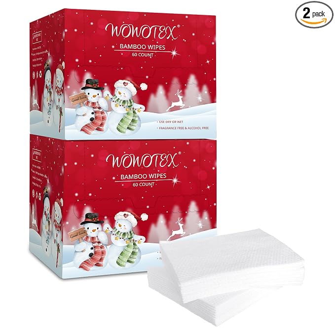 Christmas Style WOWOTEX Disposable Face Towel Biodegradable Large Dry Face Wipes 120 Count/2 Box Extra Thick Soft Clean Facial Towels for Sensitive Skin, Facial Cleansing, Nursing, 10"×12"