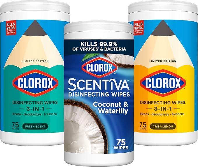 Clorox Disinfecting Cleaning Wipes, Bleach Free, Crisp Lemon, Fresh Scent, Scentiva Coconut and Waterlily, 75 Count Each (Package May Vary)