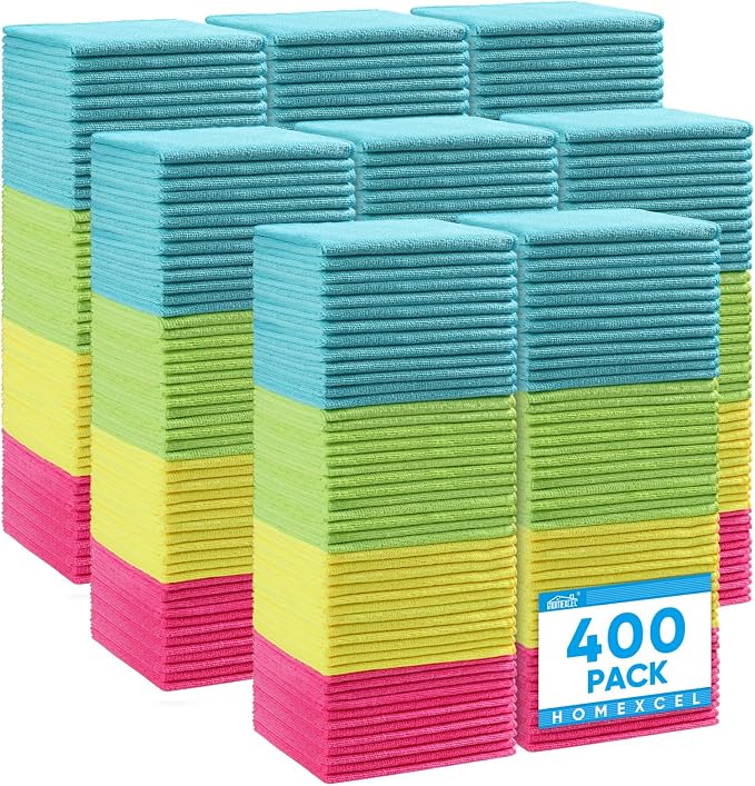 HOMEXCEL 400PK Microfiber Cleaning Cloth, Cleaning Rag for Home, 11.5x11.5 | Reusable, Lint Free, Scratch-Free and Highly Absorbent Towels for Kitchen, Window and Glass, Cars (Green/Blue/Yellow/Pink)
