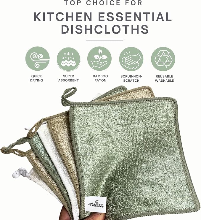 Whiffkitch Dishcloths Dishrags for Kitchen and Household Cleaning 6x7 6-Pack Non-Scratch 2-Ply Weave, Rayon Derived from Bamboo, Absorbent, Washable, Long-Lasting