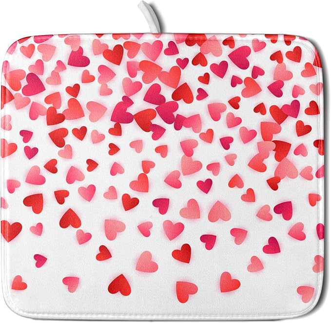 Valentines Dish Drying Mat for Kitchen Counter Hearts Holiday Microfiber Absorbent Dish Draining Reusable Washable Foldable 16"x18"