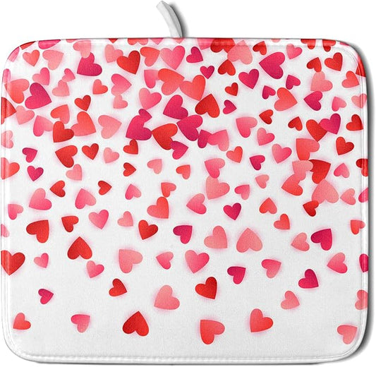 Valentines Dish Drying Mat for Kitchen Counter Hearts Holiday Microfiber Absorbent Dish Draining Reusable Washable Foldable 16"x18"
