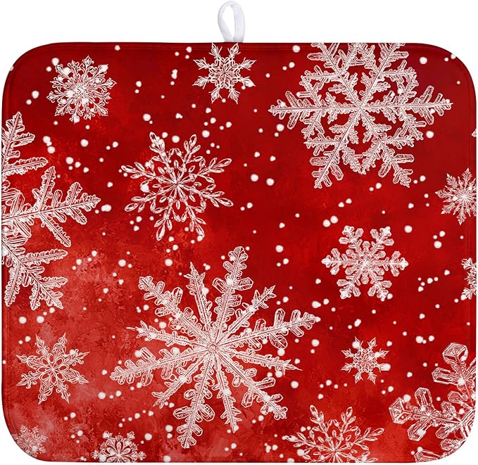 Christmas Dish Drying Mat for Kitchen Counter 16x18 Inch Red Snowflake Xmas Drying Pad Winter Holiday Dish Draining Mat Absorbent Microfiber Dish Drainer Rack Mat for Coffee Bar Kitchen