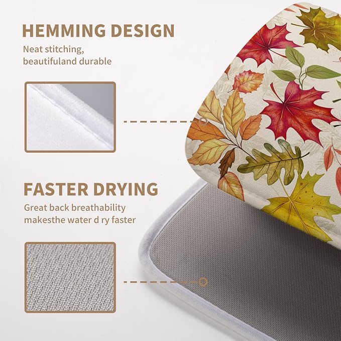 Fall Drying Mat for Kitchen Counter 16 x 18 Inch Maple Leaves Autumn Thanksgiving Harvest Dish Drying Mats Absorbent Microfiber Dish Draining Washable Reversible Dishes Pad