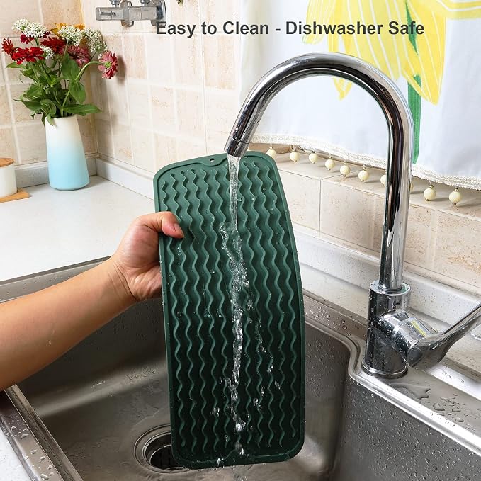 ZLR Small Dish Drying Mat (6" x 17" / 153 x 433mm) - Narrow Silicone Drainer for Kitchen Counter, Apartment & RV - Compact Sponge Holder & Sink Caddy Tray, Non-Slip Food-Grade Silicone (Dark Green)