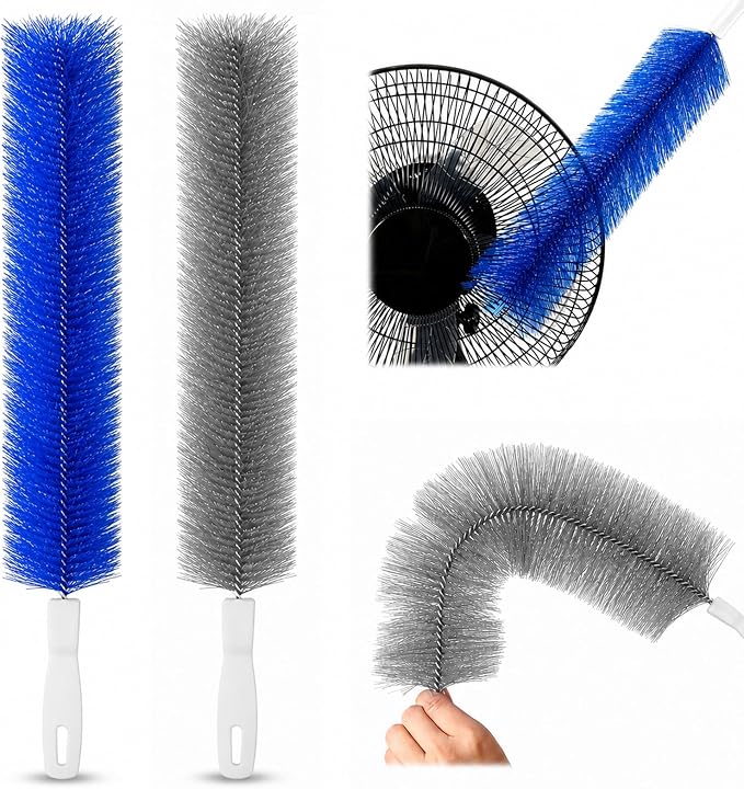 Fan Cleaning Brush, Bendable Microfiber Duster, Washable Reusable Fan Brush Cleaner for Fan Blades, Vents, Screens & Narrow Gaps (2, Blue + Gray)