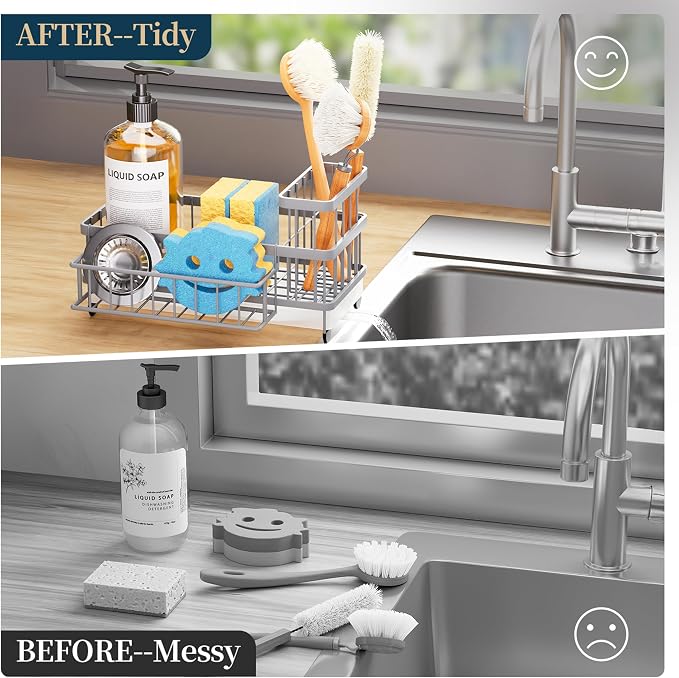 Consumest Sponge Holder for Kitchen Sink - Auto Draining Sink Caddy Organizer with Detachable Rack, High Brush Holder, Kitchen Countertop Storage Accessories, Grey