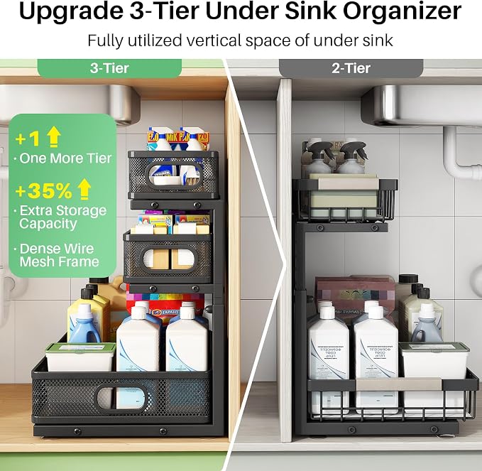 Kitstorack Under Sink Organizer, 2-Pack 3-Tier Height Adjustable Thickened Metal Pull out Cabinet Organizer Shelf, Slide out Storage Drawer Rack for Bathroom Kitchen Pantry Home Laundry Organization
