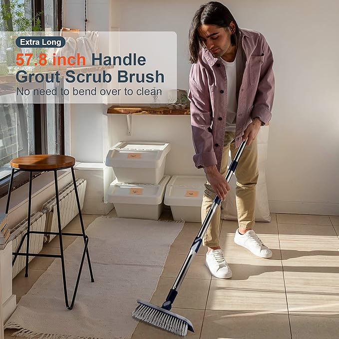 2 in 1 Floor Scrub Brush Grout Brush with 57.8" Long Handle,120°Rotatable Shower Tile Grout Scrubber,V-Shaped Corner Brush for Hard to Reach Areas (Grey)