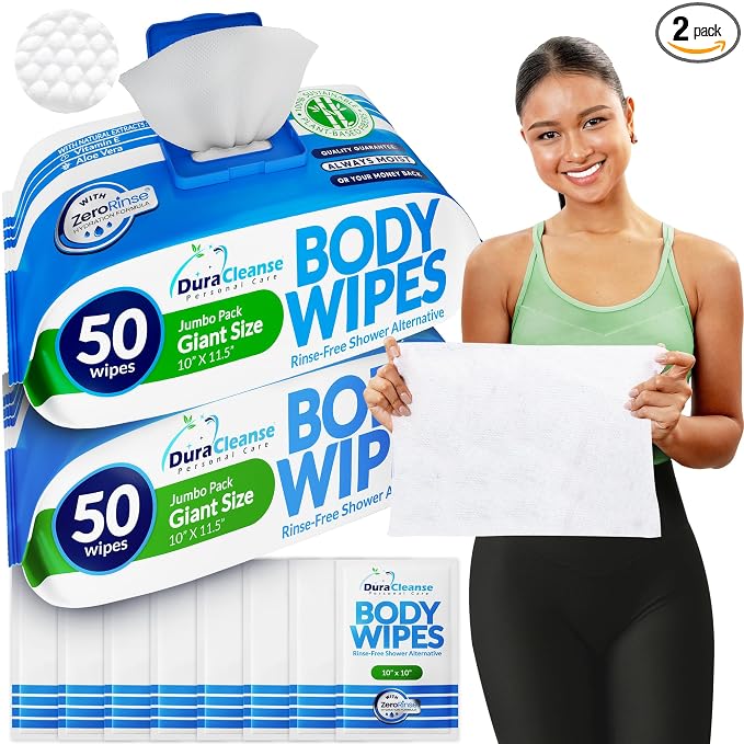 Dura Cleanse Body Wipes for Adults Bathing - (2 Pack) 100 XL No Rinse Bath Wipes + 8 Travel Shower Sheets - 10 x 11.5" Extra Thick Disposable Washcloths for Elderly Incontinence & Camping Essentials