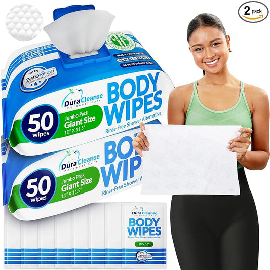 Dura Cleanse Body Wipes for Adults Bathing - (2 Pack) 100 XL No Rinse Bath Wipes + 8 Travel Shower Sheets - 10 x 11.5" Extra Thick Disposable Washcloths for Elderly Incontinence & Camping Essentials