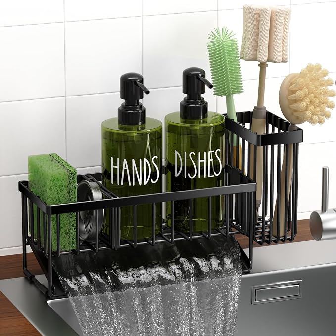 MASADI Kitchen Dish Soap Dispenser Set with Sponge Holder, 12OZ Glass Bottle, Hand and Dish Soap Dispenser Set, Non-Slip Silicone Pad, Brush Holder, Kitchen Sink Organizer Countertop (Black+Green)