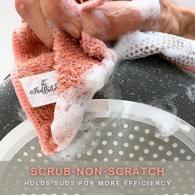 Whiffkitch® Scrubby Cloth – 6-Pack, Dishcloths, Dishrags for Kitchen and Household Cleaning 6x7, 2-Sided, Non-Scratch, Bamboo-Rayon, Scrub Mesh, Quick Dry, Washable, Reusable