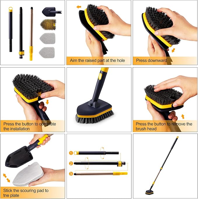 Yocada Tub Tile Scrubber Brush 2 in 1 Cleaning Brush 4*Scouring Pads 58.2" | Adjustable Telescopic Pole Stiff Bristles for Cleaning Bathroom Kitchen Toilet Wall Tub Tile Sink Non Scratch