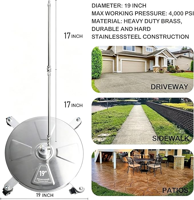 Hourleey 19" Pressure Washer Surface Cleaner, Stainless Steel Surface Cleaner with 4 Wheels for Concrete, Patio, Sidewalk, Deck, Pathway 1/4" Quick Connector, 2 Extension Wand, 4000 PSI