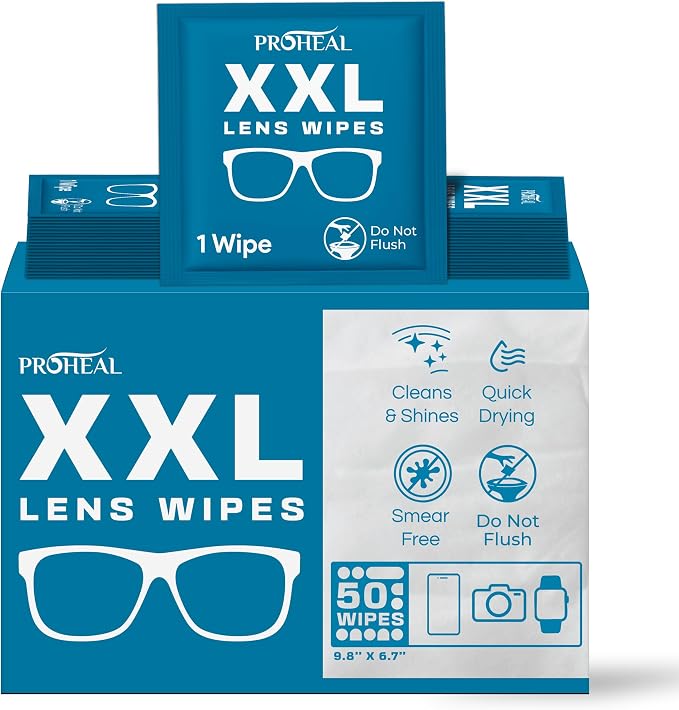 XXL Lens Wipes, 50 Count - 9.8"x6.7" Eye Glasses Cleaner Wipes for Lenses, Watches, Display Screens, and More - Cleans and Shines - Quick Drying, No Smear with Isopropyl Alcohol