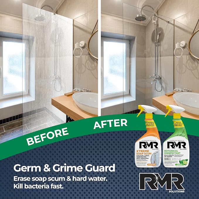 RMR Fresh Start System – Xtreme Soap Scum Remover + EPA-Registered Botanical Disinfectant Cleaner, Bathroom Cleaning & Disinfecting Bundle for Shower, Tub, Tile & Surfaces, 2–32 Oz Bottles
