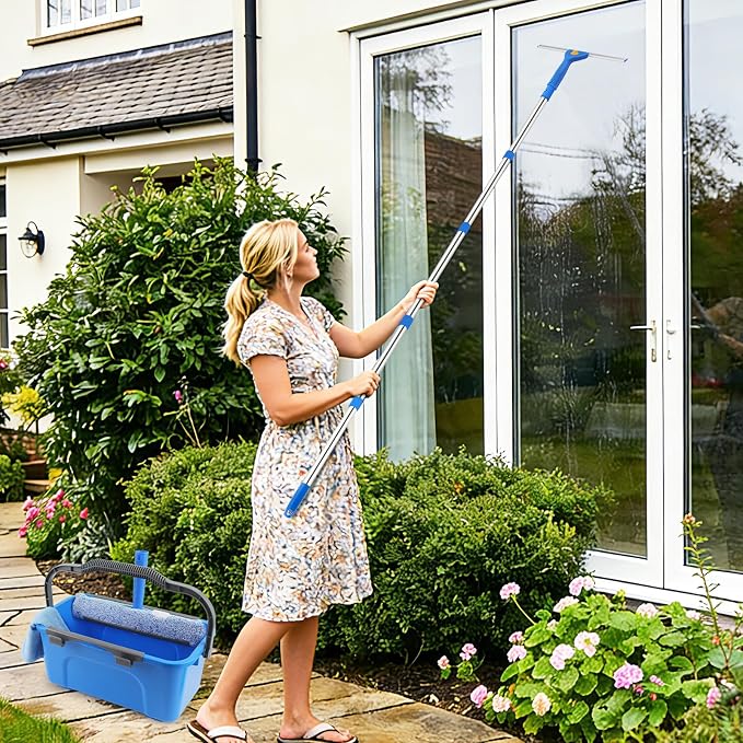 Professional Window Cleaning Kit with Bucket 3 Gallon, 76" Long Handle Window Squeegee and Microfiber Scrubber, High Windows Washing Equipment, Window Cleaner Tool for Commercial, Home, Outdoor, Car