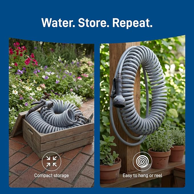 Orbit Coil Garden Hose with 8-Pattern Nozzle, 25 ft., Gray - 26382