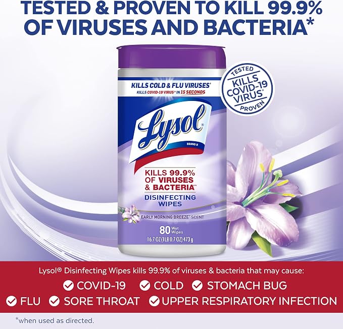 Lysol Disinfectant Wipes, Multi-Surface Antibacterial Cleaning Wipes, Dorm Room Essentials for Disinfecting and Cleaning, Early Morning Breeze, 80 Count (Pack of 6)