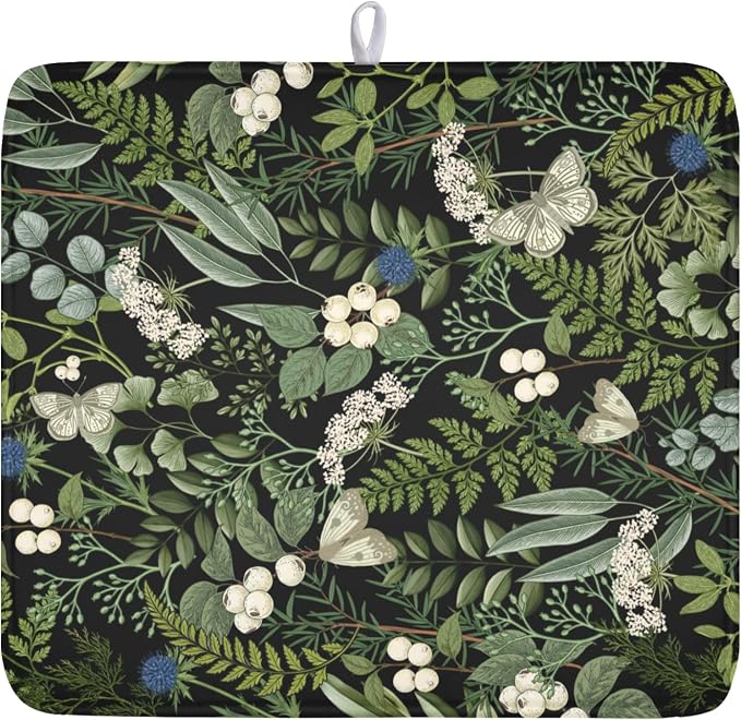 Sage Green Botanical Fruit Dish Drying Mat 16x18 Inch | Butterfly，Polyester，Absorbent Microfiber，for Kitchen Coffee Dining Bar Decor