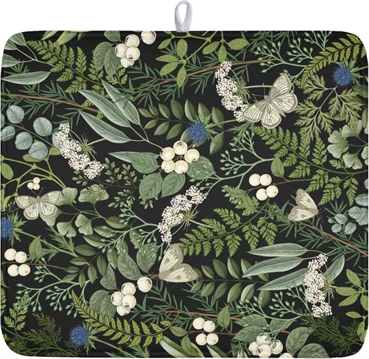 Sage Green Botanical Fruit Dish Drying Mat 16x18 Inch | Butterfly，Polyester，Absorbent Microfiber，for Kitchen Coffee Dining Bar Decor