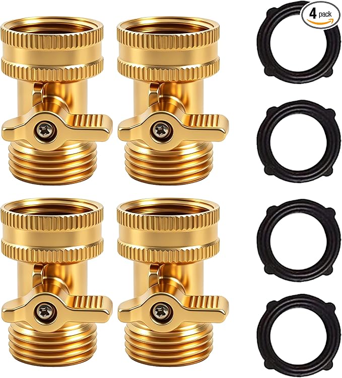 Xiny Tool Brass Garden Hose Shut Off Valve, 4 Pack Heavy Duty 3/4 Inch Solid Brass Garden Hose Shut Off Valve with 4 Extra Rubber Washers