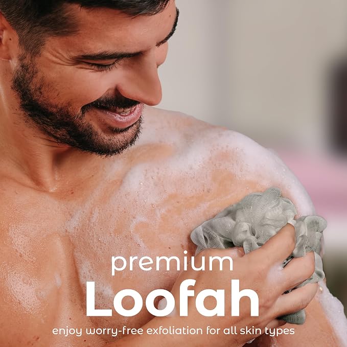 MainBasics Shower Loofah Sponge Pouf, Set of 3, Totally Taupe | Soft Mesh Body Scrubber and Bath Sponge for Gentle Exfoliation, Rich Lather, and Everyday Shower Use