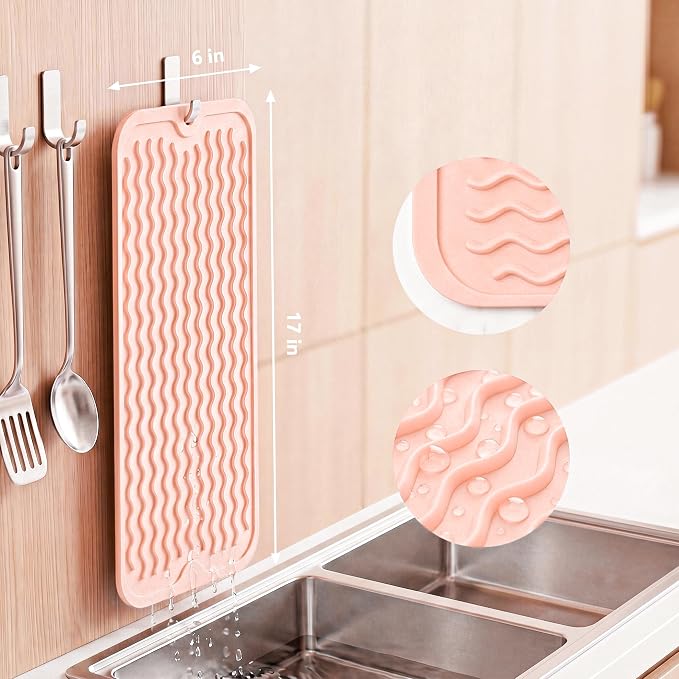 MicoYang Silicone Dish Drying Mat for Multiple Usage,Easy clean,Eco-friendly,Heat-resistant Silicone Mat for Kitchen Counter,Sink,Bar,Bottle,or Cup Pink M 17 inches x 6 inches