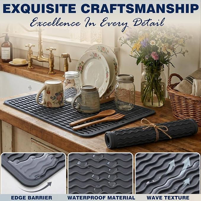 CAKETIME 2 Pack Silicone Dish Drying Mat for Kitchen Counter Waterproof Place mats Sink Protector Stove Top Organizer Appliance Storage Vanity Trays Dryer Rack Drainers Items 15"x11.5" Beige