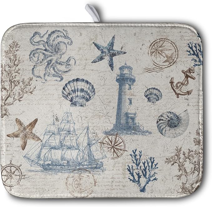 Nautical Coastal Dish Drying Mat for Kitchen Counter Summer Ocean Sailboat Starfish Seashell Absorbent Microfiber Dish Mat Reusable Washable Dish Drainer Rack Mat 16x18 Inch