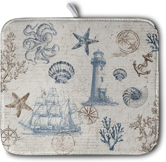 Nautical Coastal Dish Drying Mat for Kitchen Counter Summer Ocean Sailboat Starfish Seashell Absorbent Microfiber Dish Mat Reusable Washable Dish Drainer Rack Mat 16x18 Inch