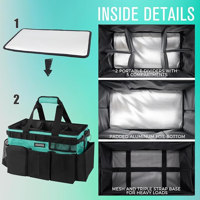 SCAVATA Wearable Cleaning Caddy Bag, Cleaning Caddy Supplies Organizer with Handle & Shoulder Straps for Housekeepers, Under Sink & Car Cleaning Tool Organizers with 4 Foldable Divider (Lake Blue)