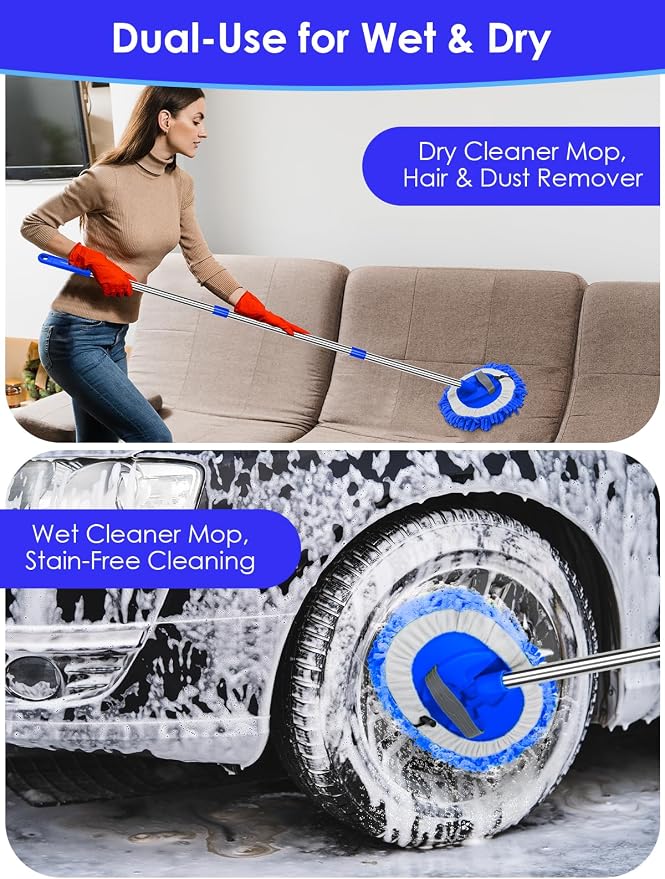 2 in 1 Lightweight Wall Cleaner Mop with Long Handle 75" 190cm Lint-Free Duster Cleaning Tool 2 Replacement Microfiber Chenille Pads for Kitchen Baseboard Ceiling Floor Window Door Scrubber Brush,Blue
