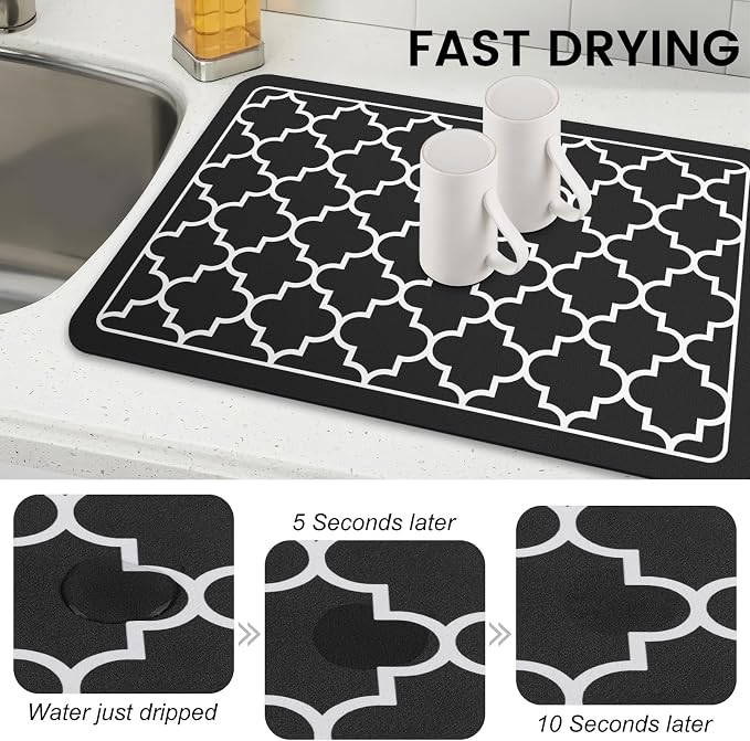 WISELIFE Dish Drying Mat Super Absorbent Drying Mat Large Dish Drying Mats for Kitchen Counter Easy Clean Dish Mat Kitchen Drying Mat16"x 24" Stylish Black