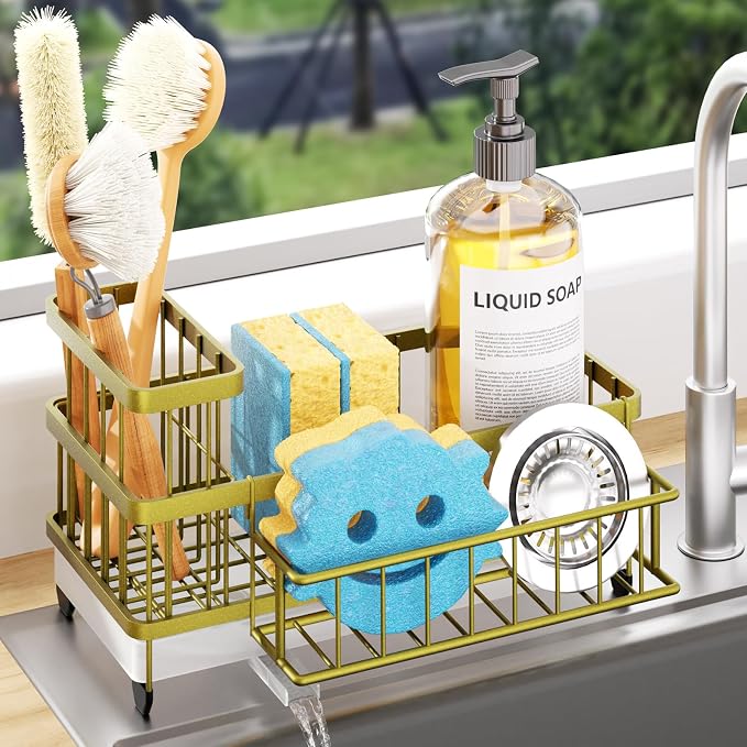 Consumest Sponge Holder for Kitchen Sink - Auto Draining Sink Caddy Organizer with Detachable Rack, High Brush Holder, Kitchen Countertop Storage Accessories, Light Gold