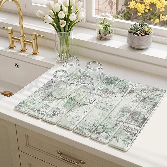 Findosom Stone Dish Drying Mat for Kitchen Counter, 15.7" × 11.8" Foldable Non-Slip Stone Drying Mat with Abstract Pattern, Heat Resistant Diatomaceous Earth Mat for Bath, Dishes, Cups, Green