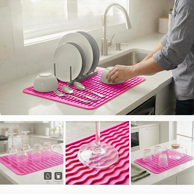 MicoYang Silicone Dish Drying Mat — Quick-Dry Ridges Counter & Sink Pad, Heat-Resistant Trivet to 450°F, Non-Slip & Dishwasher Safe, Roll-Up Storage, 18 Colors & 9 Sizes (Rose, 16"×12")