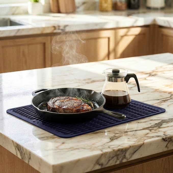 MicoYang Silicone Dish Drying Mat — Quick-Dry Ridges Counter & Sink Pad, Heat-Resistant Trivet to 450°F, Non-Slip & Dishwasher Safe, Roll-Up Storage, 18 Colors & 9 Sizes (Navy Blue, 16"×12")