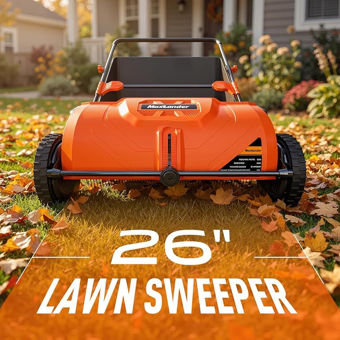 MAXLANDER 26-Inch Push Lawn Sweeper with 7 Cu.Ft. Large Collection Hopper, Manual Leaf & Grass Sweeper, Adjustable Rotating Brush Height for Lawn, Yard & Garden Cleanup Grass Catchers
