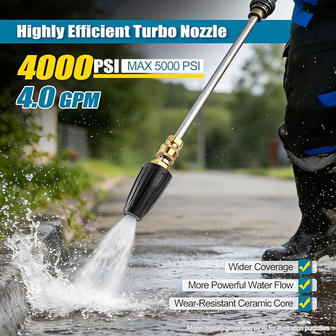 FIDISP Pressure Washer Tips Turbo Nozzle 4000 PSI, Rotating Pressure Washer Nozzle Tips with 1/4" & 3/8" Quick Connect, 7 Power Washer Tips for Concrete, Driveway, Brick Cleaning, 4.0 GPM