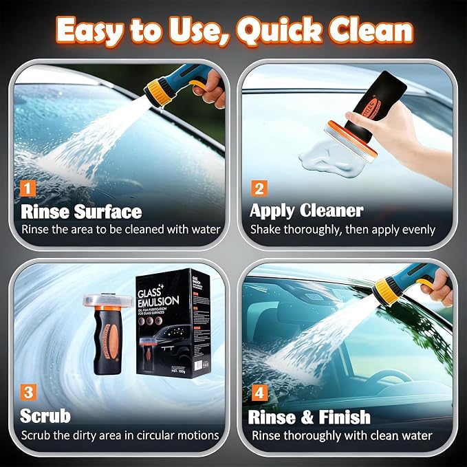 【2PCS】 Glass Emulsion Cleaner, Car Windshield Cleaner Tool Roll-On Glass Compound with Cleaning Board, Removes Oil Film & Smudges, Improve Windshield Clarity for Safe Driving (100ml+Brush)*2