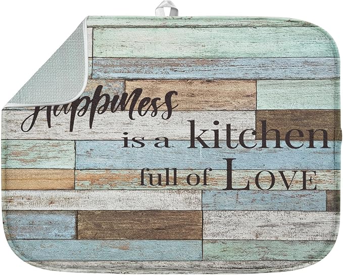 Sanwarm Absorbent Dish Drying Mat, Happiness Is A Kitchen Full of Love Microfiber Pad for Kitchen Counter, Coffee Bar Decor, Heat Resistant and Reversible, 18" x 24"